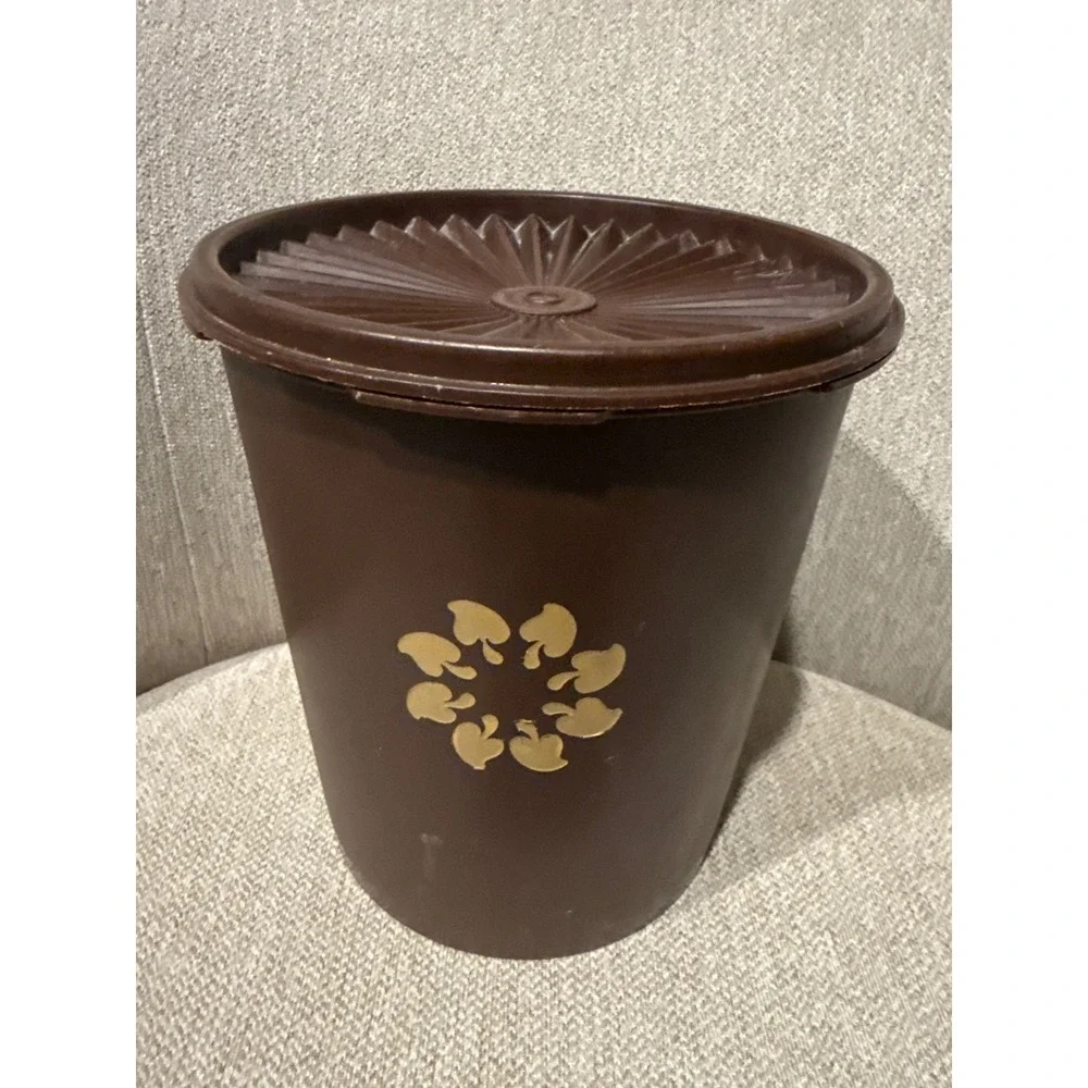 Vintage Tupperware Canister Set Brown Gold Leaf Servalier Lids 5pc Scoop Nesting